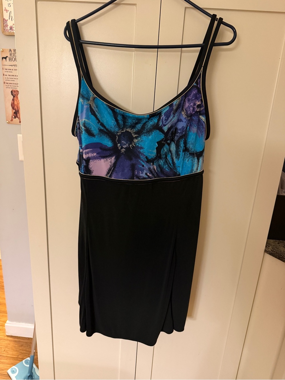 Black One-Piece Swimdress with Blue & Purple Floral Top
